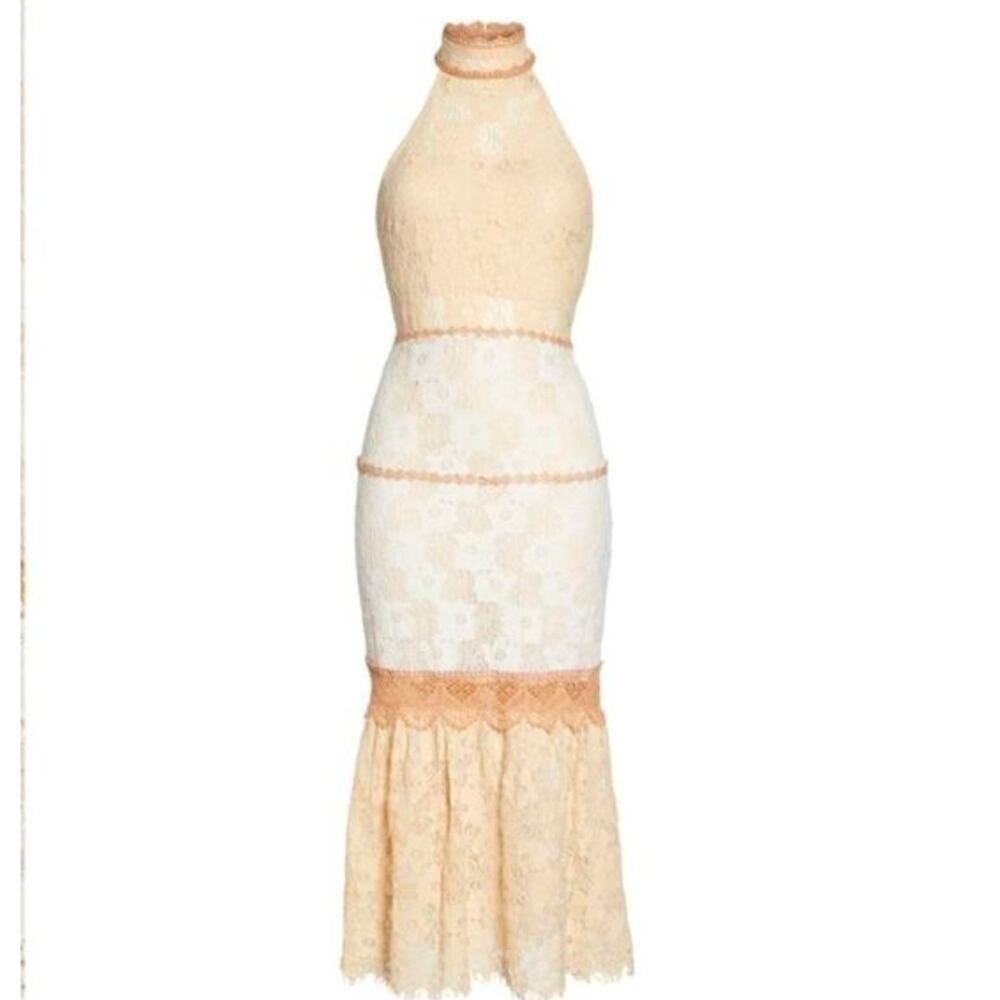 Foxiedox Amelia Lace Halter Midi Dress L Cream Ivory Cottagecore Romantic Boho